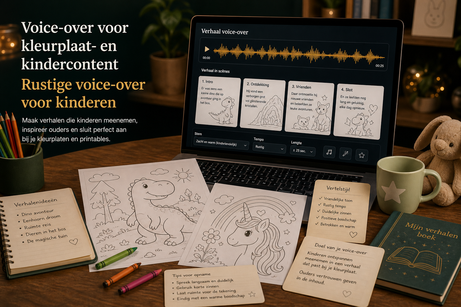 Voice-over voor kleurplaat- en kindercontent: rustig, duidelijk en speels