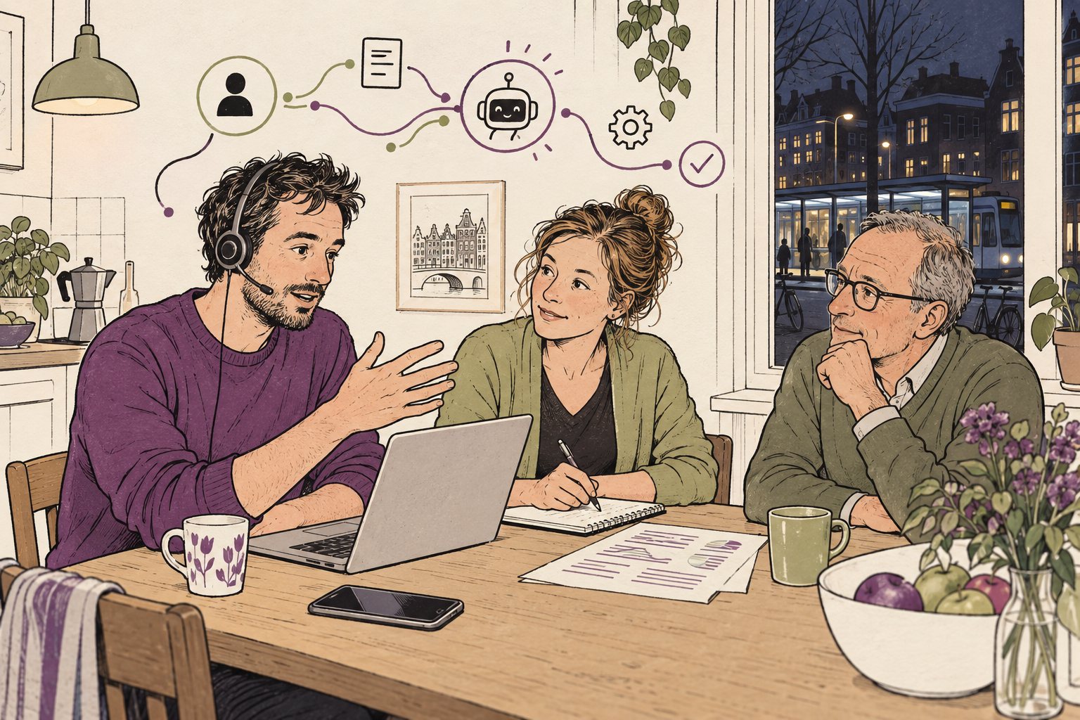 Een ontwikkelaar aan een keukentafel praat in een headset en kijkt naar een laptop, naast hem luistert een collega met een notitieblok