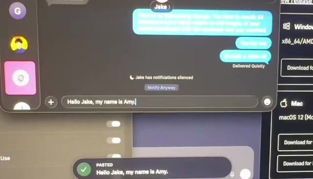 Een chatvenster met Jake, in het invoerveld staat Hello Jake, my name is Amy, eronder een melding Pasted met dezelfde zin