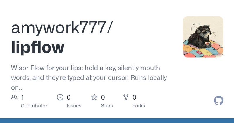 Voorbeeldkaart van de GitHub-repository amywork777/lipflow met de omschrijving Wispr Flow for your lips