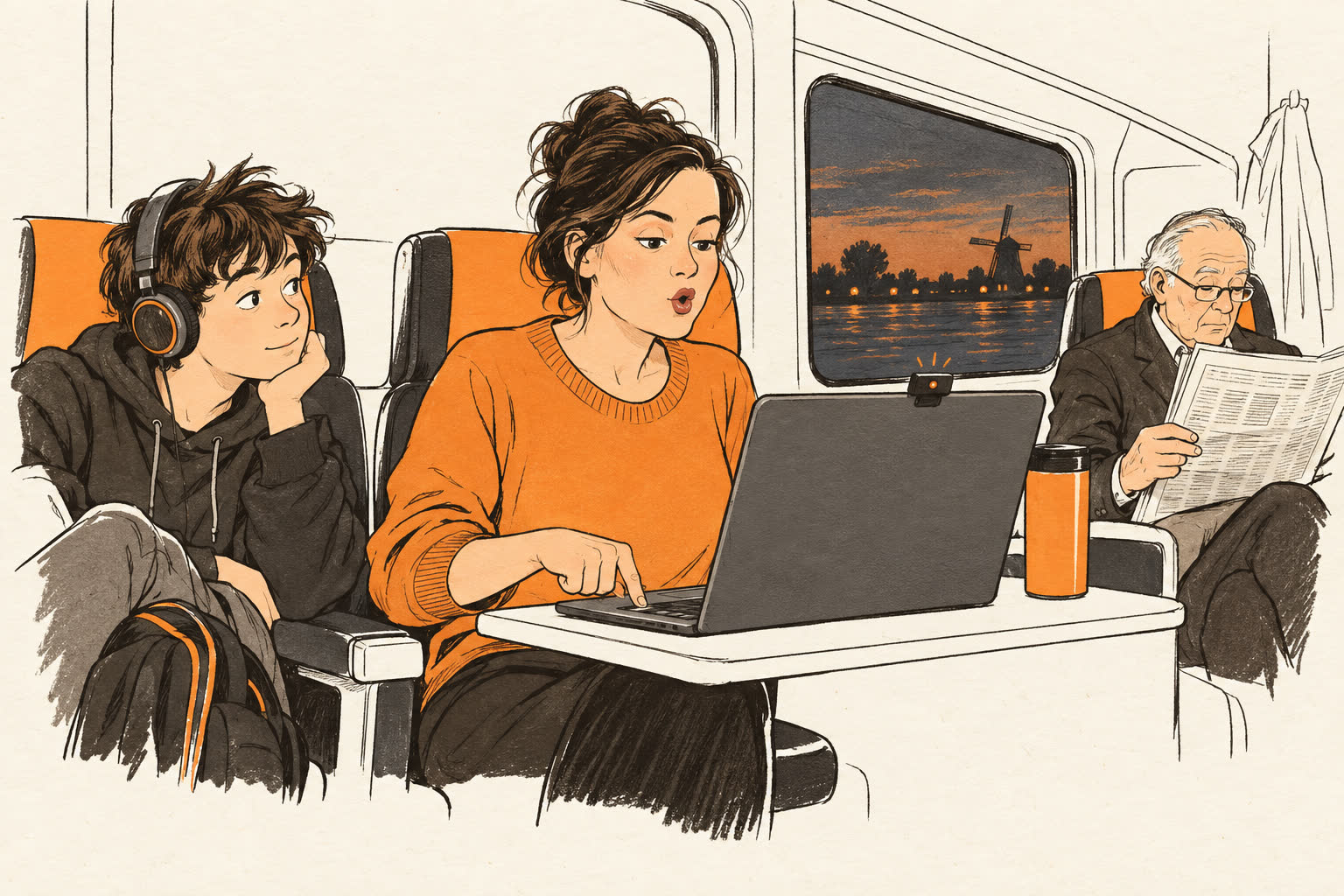 Illustratie: een vrouw in de trein houdt een toets op haar laptop ingedrukt en vormt zonder geluid een woord met haar lippen, een tiener met koptelefoon kijkt nieuwsgierig mee, een oudere man leest de krant